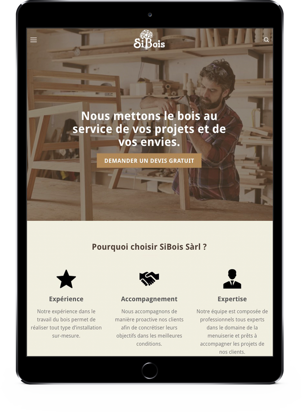 Site internet sur mesure de sibois menuiserie adaptée aux tablettes